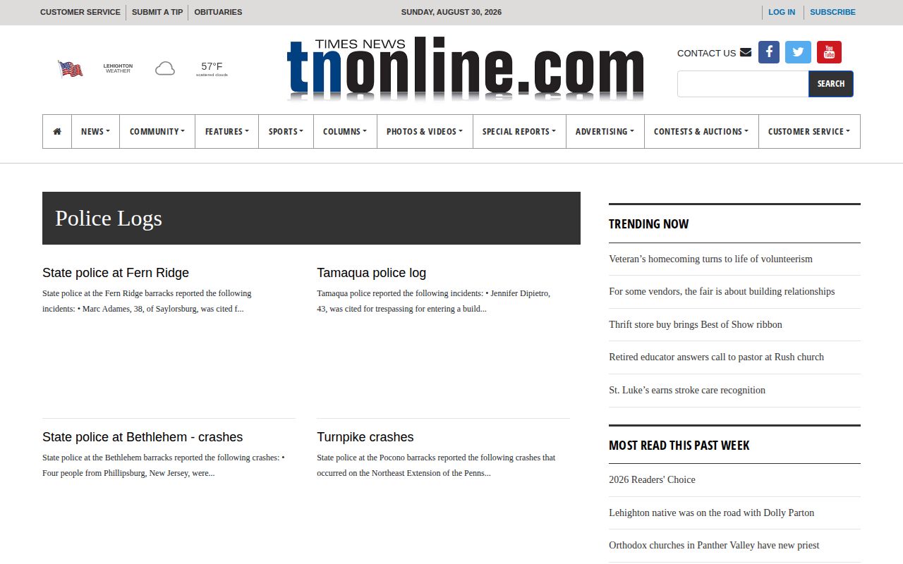 Times News Police Logs page for Carbon County local reporting context