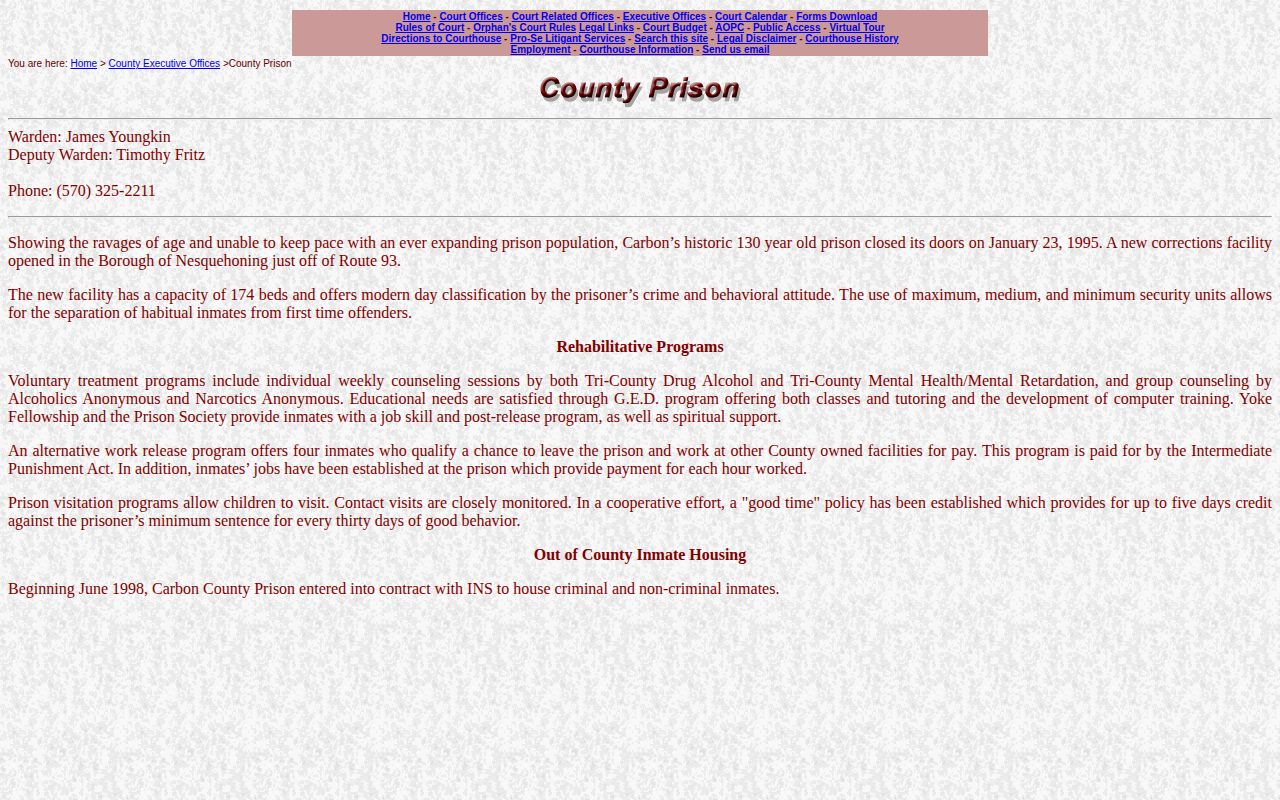Carbon County Correctional Facility official custody and booking record source