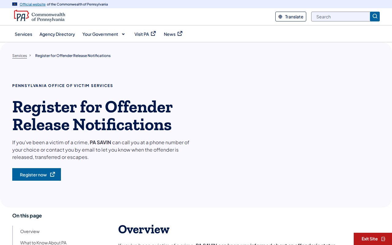 Carbon County custody and release notification through Pennsylvania SAVIN VINELink