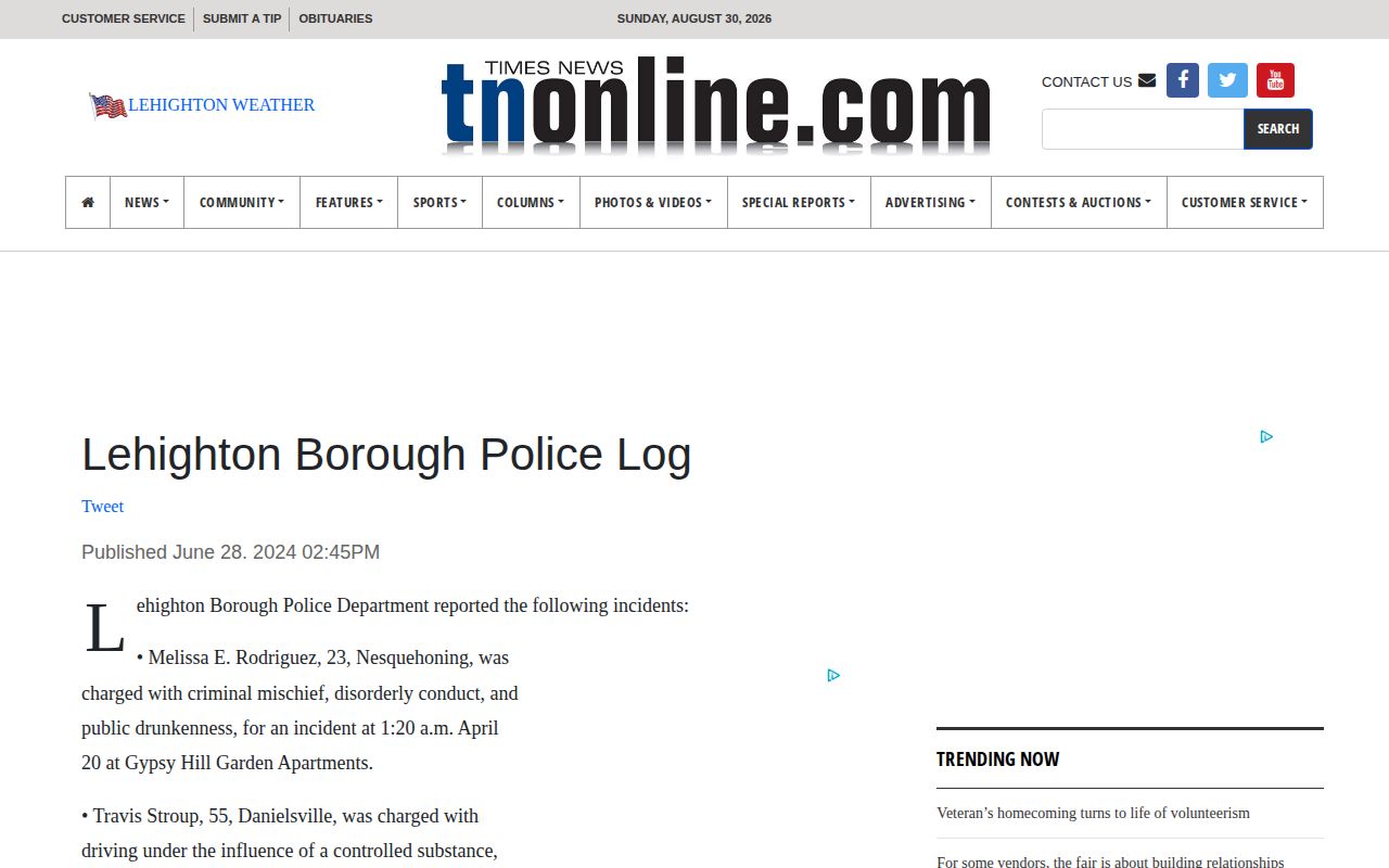 Carbon County Lehighton written police-log record example from Times News
