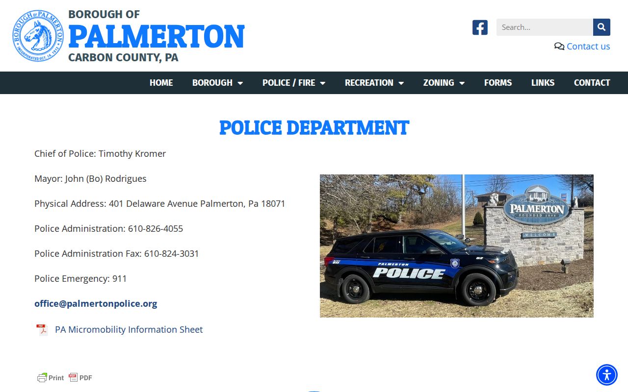 Palmerton Borough Police Department official page for Palmerton arrest record access